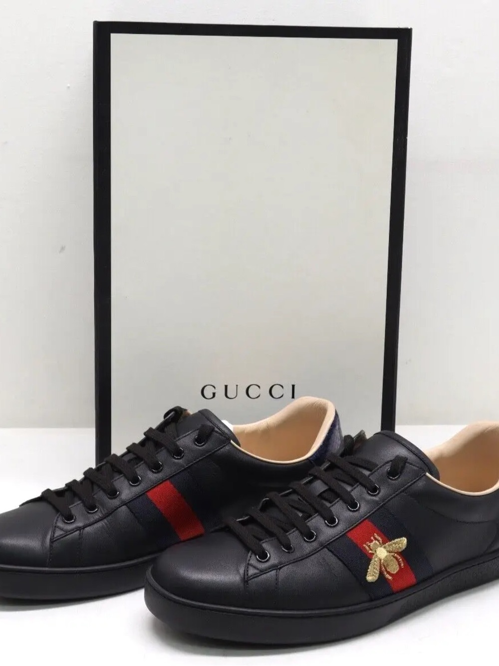 Gucci Black Leather Sneakers with Red & Navy Web and Bee Embroidery